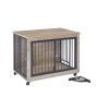 Furniture Style Dog Crate Side Table With Rotatable Feeding Bowl, Wheels, Three Doors, Flip-Up Top Opening. Indoor, Grey, 38.58"W x 25.2"D x 27.17"H